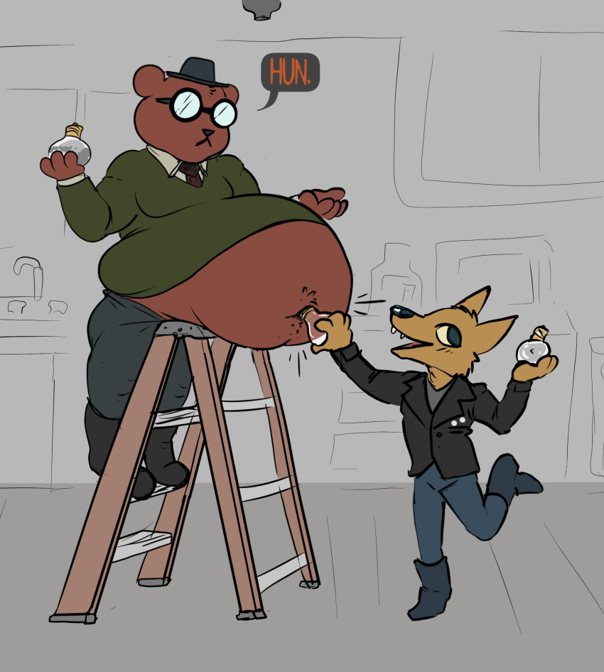 2022 angus_delaney anthro bear belly belly_on_ladder_meme big_belly boots bottomwear canid canine canis canon_couple clothed clothing clothing_lift deep_navel dialogue duo eggo21 eyewear fangs footwear fur glasses gregg_lee hat headgear headwear hi_res holding_lightbulb holding_object inside ladder light_bulb looking_at_another looking_away male mammal navel navel_fetish navel_insertion navel_penetration necktie night_in_the_woods obese obese_anthro obese_male object_insertion one_leg_up open_mouth overweight overweight_anthro overweight_male pants penetration raised_leg shirt shirt_lift shoes speech_bubble stepladder teeth text tiptoes topwear unusual_penetration wide_eyed wolf