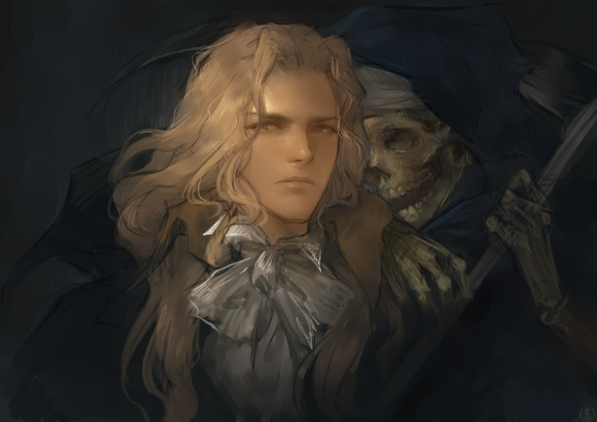 1boy alucard_(castlevania) aristocratic_clothes bishounen blonde_hair bone bow castlevania:_symphony_of_the_night castlevania_(series) dark_background death_(castlevania) evil_smile fine_art_parody grin high_collar holding holding_weapon hood long_hair looking_at_viewer male_focus nat_the_lich parody scythe simple_background skeleton skull smile teeth vampire weapon white_bow