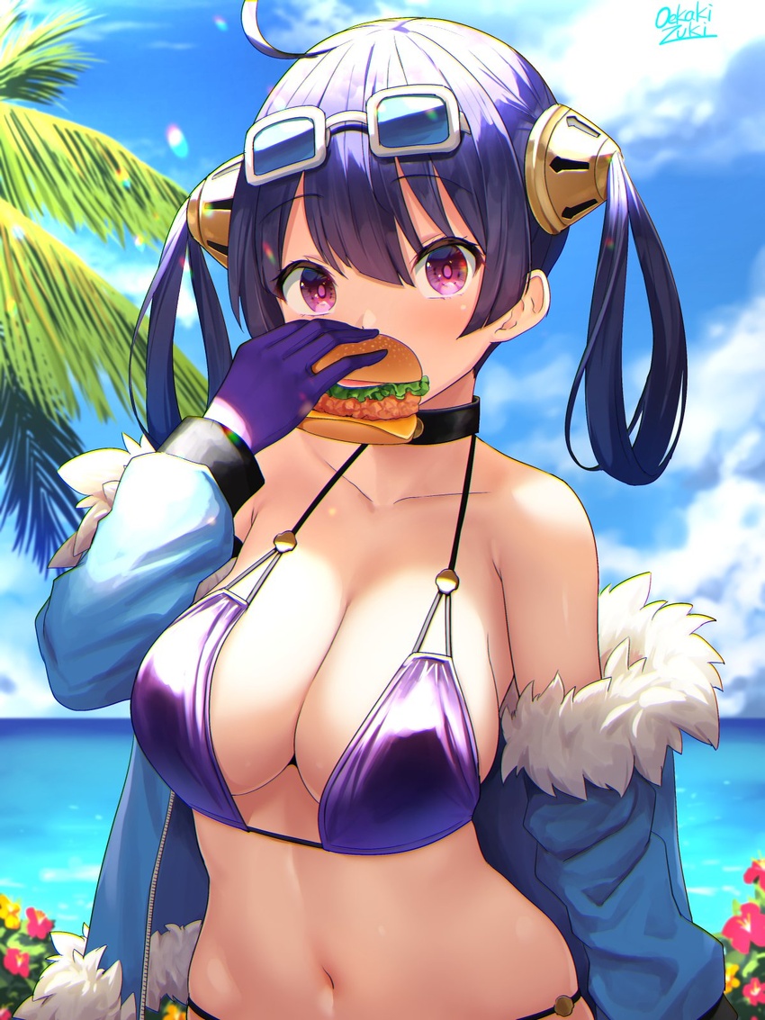 ahoge azur_lane bikini blue_hair blue_jacket breasts burger choker cleavage cloud commentary day eating eyewear_on_head female flower food fur_trim gloves hair_rings hibiscus highres holding holding_food jacket large_breasts navel ning_hai_(azur_lane) ning_hai_(summer_hunger)_(azur_lane) ocean oekakizuki off_shoulder official_alternate_costume open_clothes open_jacket outdoors palm_tree purple_bikini purple_eyes purple_gloves signature sky solo sunglasses swimsuit tree upper_body water