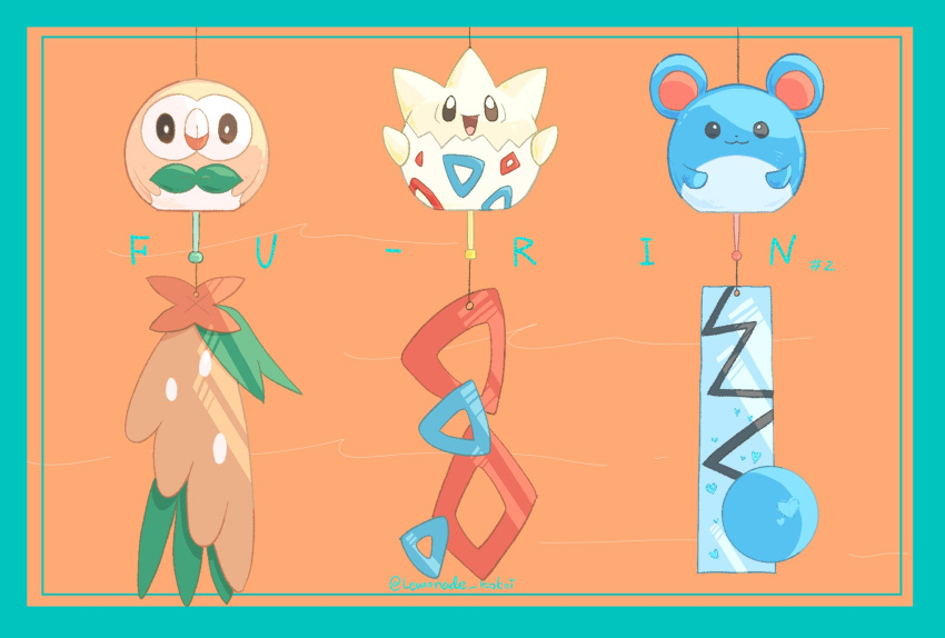 border commentary_request feathers green_border hanging highres lemonade_kokoi marill no_humans pokemon pokemon_(creature) rowlet string themed_object togepi twitter_username