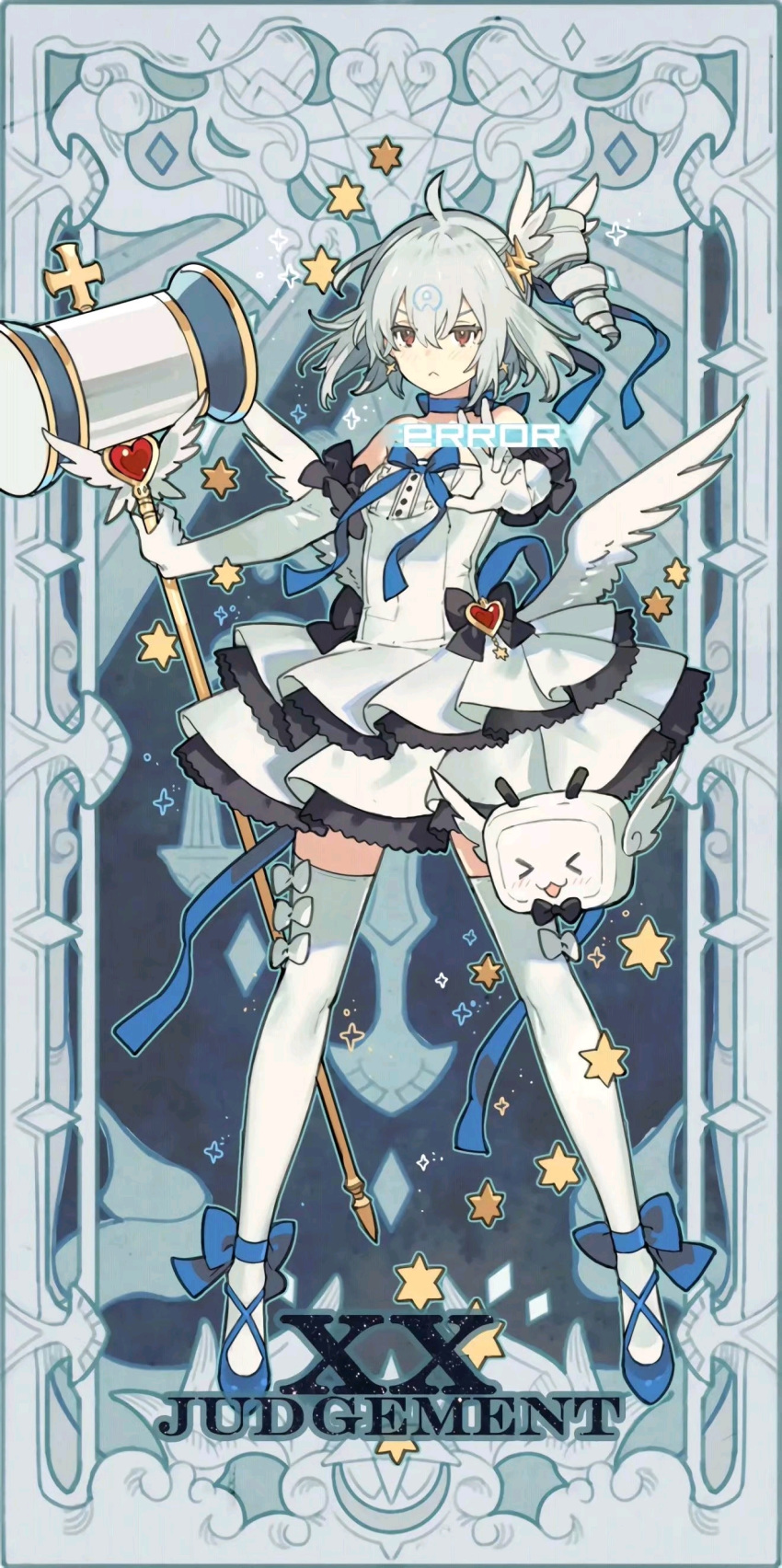 :< absurdres ahoge ankle_bow aqua_hair bad_link bili_girl_33 bilibili blue_footwear blue_ribbon bow bow_legwear dress drill_hair earrings elbow_gloves female flat_chest full_body gloves hair_between_eyes hair_ornament hammer highres holding holding_hammer jewelry judgement_(tarot) layered_dress low_wings one_side_up red_eyes ribbon short_hair solo standing starshadowmagician strapless strapless_dress tarot tarot_(medium) thighhighs white_dress white_gloves white_thighhighs wing_hair_ornament wings