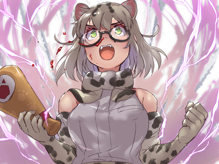 animal_ear_fluff animal_ears bare_shoulders black-framed_eyewear blood bow bowtie cat_ears clenched_hand commentary_request elbow_gloves electricity extra_ears fangs female glasses gloves green_eyes grey_hair highres kemono_friends kemono_friends_3 looking_away margay_(kemono_friends) margay_print megaphone nosebleed open_mouth print_bow print_bowtie print_gloves semi-rimless_eyewear shirt short_hair sleeveless sleeveless_shirt solo tadano_magu under-rim_eyewear upper_body white_shirt