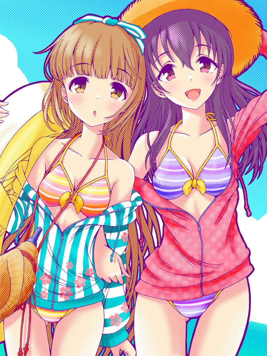 2girls arm_up bikini black_hair blunt_bangs blush bow breasts brown_eyes brown_hair cleavage cloud cloudy_sky collarbone dot_nose floral_print front-tie_bikini_top front-tie_top fujiwara_hajime hair_between_eyes hairbow hat haua highres holding holding_another's_arm holding_swim_ring hood hoodie idolmaster idolmaster_cinderella_girls idolmaster_cinderella_girls_starlight_stage innertube long_hair long_sleeves looking_at_viewer medium_breasts multicolored_bikini multicolored_clothes multiple_girls off_shoulder open_mouth parted_lips polka_dot polka_dot_hoodie ponytail purple_bikini purple_eyes red_hoodie sanshi_suimei_(idolmaster) seashell shell sky smile standing straw_hat striped_bikini striped_clothes striped_hoodie swim_ring swimsuit very_long_hair yorita_yoshino