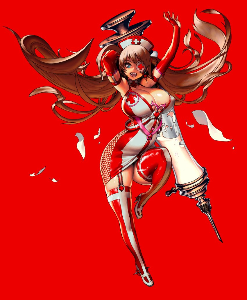 arm_behind_back arms_up blue_eyes breasts brown_hair choker covered_nipples cross cross_choker demeter_(destiny_child) destiny_child dress earrings elbow_gloves eyepatch fangs female frills garter_straps gloves hat heart high_heels highres holding holding_syringe jewelry kim_hyung_tae large_breasts leg_up liquid long_hair nurse nurse_cap open_mouth oversized_object red_background red_footwear red_gloves red_thighhighs shiny_skin simple_background single_earring skindentation solo spikes standing syringe teeth thighhighs tongue twintails x