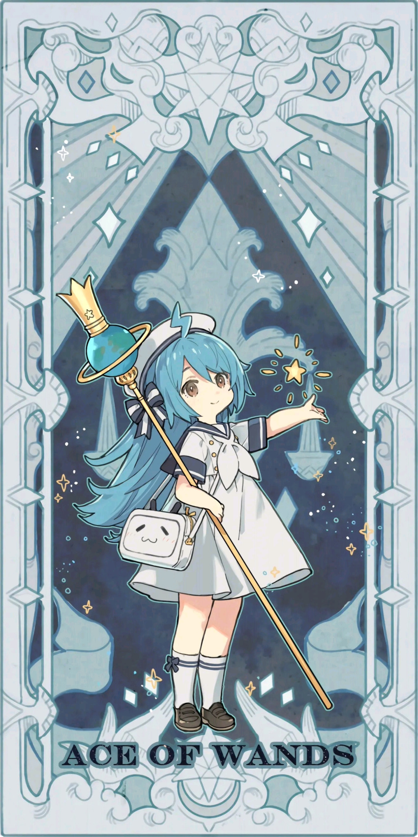 absurdres ace_of_wands_(tarot) ahoge bad_link bag bili_girl_22 bilibili black_footwear blue_bow blue_hair bow brown_eyes closed_mouth dress female full_body hair_between_eyes hair_ornament hairbow hat highres holding holding_staff loafers long_hair looking_at_viewer neckerchief sailor_dress sailor_hat shoes short_sleeves shoulder_bag smile socks solo staff standing starshadowmagician tarot tarot_(medium) white_dress white_hat white_neckerchief white_socks