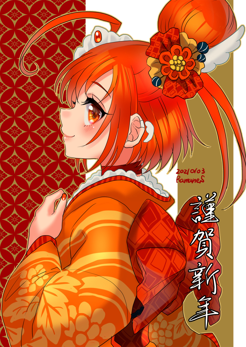 ahoge alternate_costume blush bow cure_sunny dated female from_side hair_behind_ear hair_bun hand_on_own_chest happy_new_year highres hino_akane_(smile_precure!) japanese_clothes kimono looking_at_viewer new_year orange_bow orange_eyes orange_hair orange_nails precure satou_ramune single_hair_bun smile smile_precure solo yukata