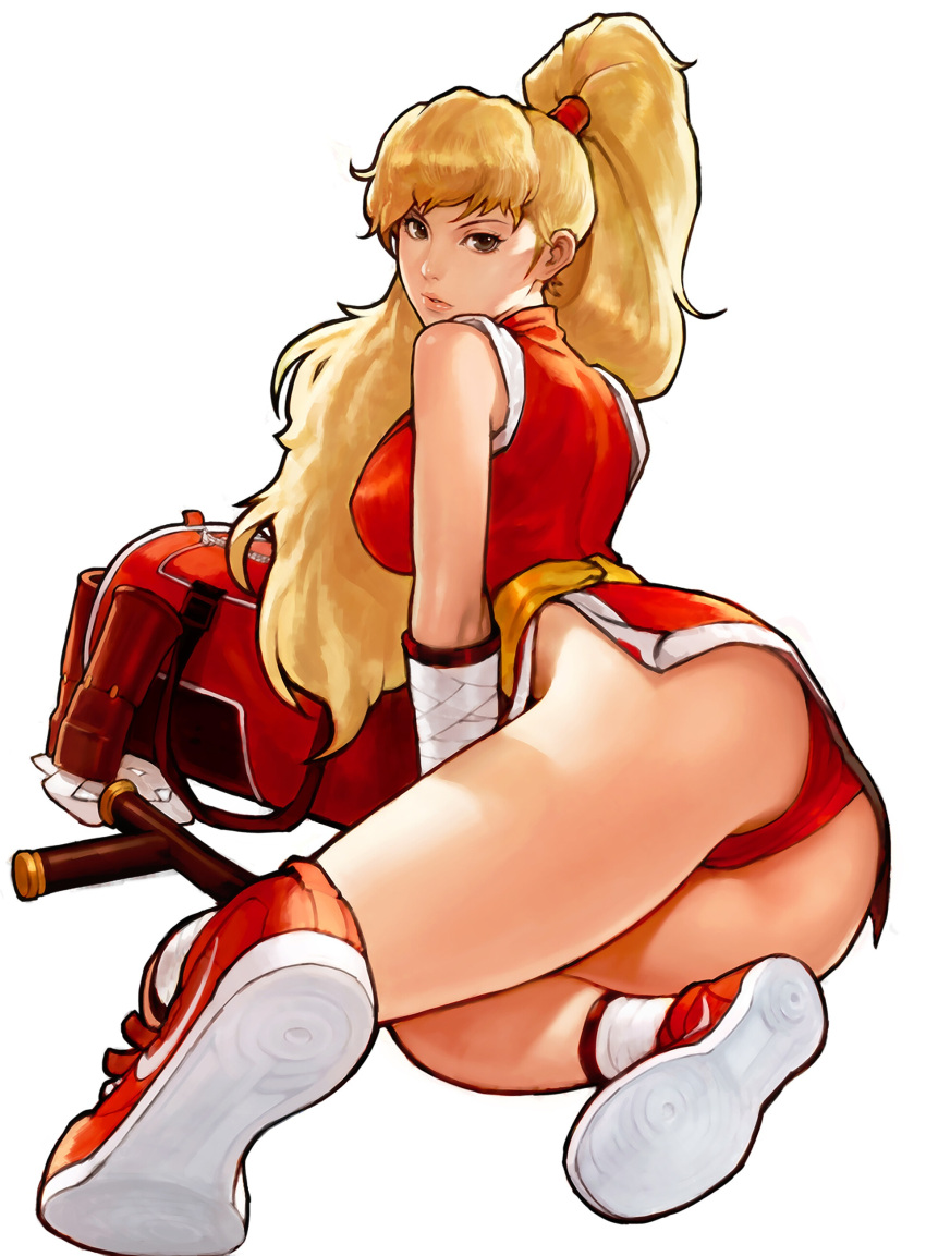 absurdres ass bag blonde_hair breasts brown_eyes duffel_bag duplicate female final_fight final_fight_2 from_behind full_body genryuusai_maki high_ponytail highres japanese_clothes kim_sung_hwan kimono large_breasts lips looking_at_viewer looking_back nike_(company) ninja no_pants nose panties pantyshot ponytail red_footwear red_panties reversed shoes short_kimono side_slit sleeveless sneakers socks solo thighs tonfa twisted_torso underwear upskirt vambraces weapon white_background