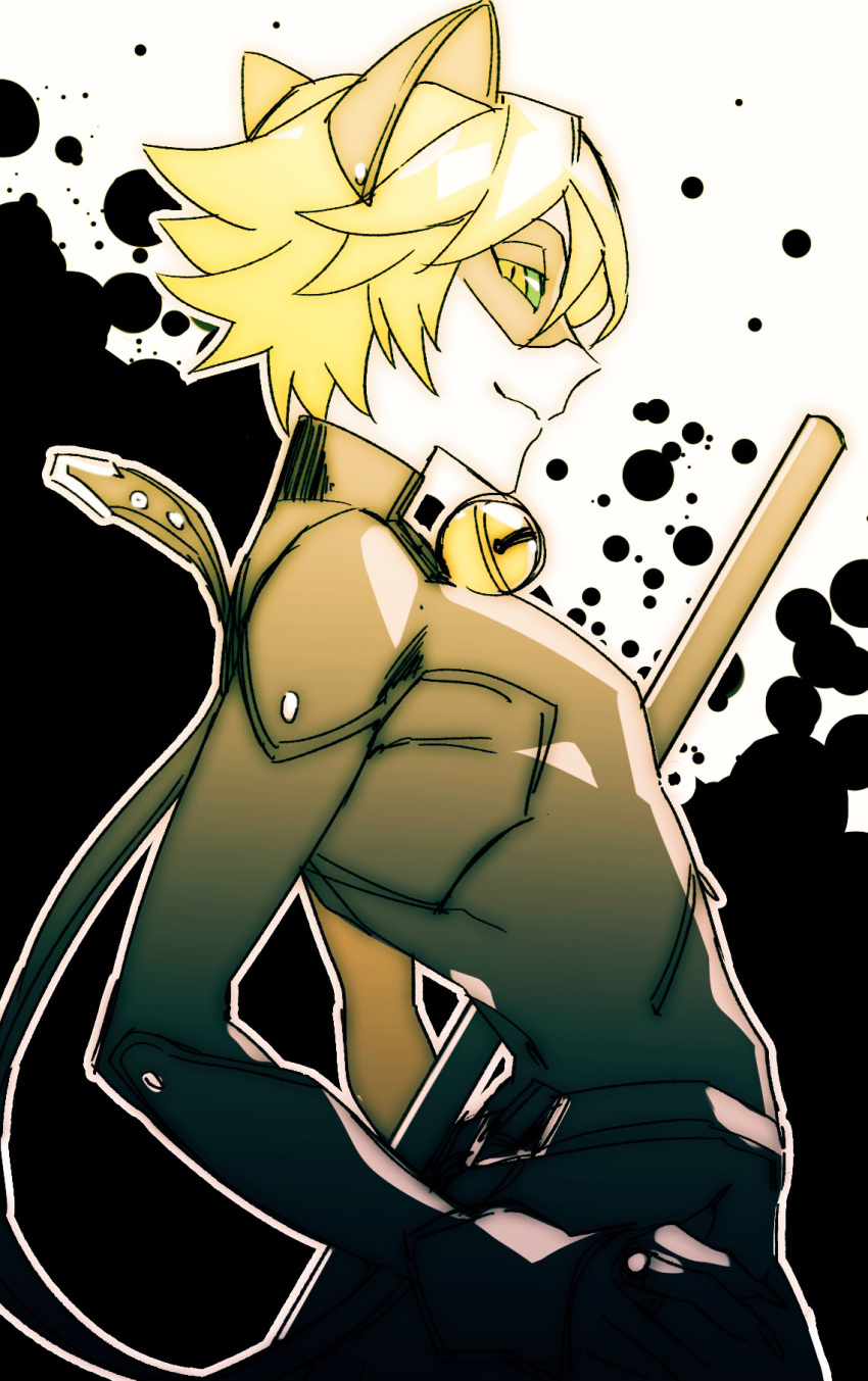 1boy adrien_agreste animal_ears arched_back bell blonde_hair bodysuit bow_(weapon) cat_ears chat_noir closed_mouth collar colored_sclera fake_animal_ears flipped_hair from_side green_sclera hand_on_own_hip highres looking_at_viewer male_focus miraculous_ladybug neck_bell sabu_(sa-bu) simple_background smile solo upper_body weapon white_background yellow_eyes