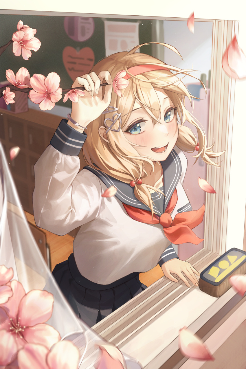 :d absurdres arm_up black_skirt blonde_hair blue_eyes bracelet breasts cherry_blossoms commentary_request female hair_bobbles hair_ornament hairband hairclip highres jewelry kongsi long_hair long_sleeves looking_at_viewer neckerchief open_mouth original petals pleated_skirt sailor_collar school_uniform serafuku shirt shirt_overhang skirt smile solo white_shirt