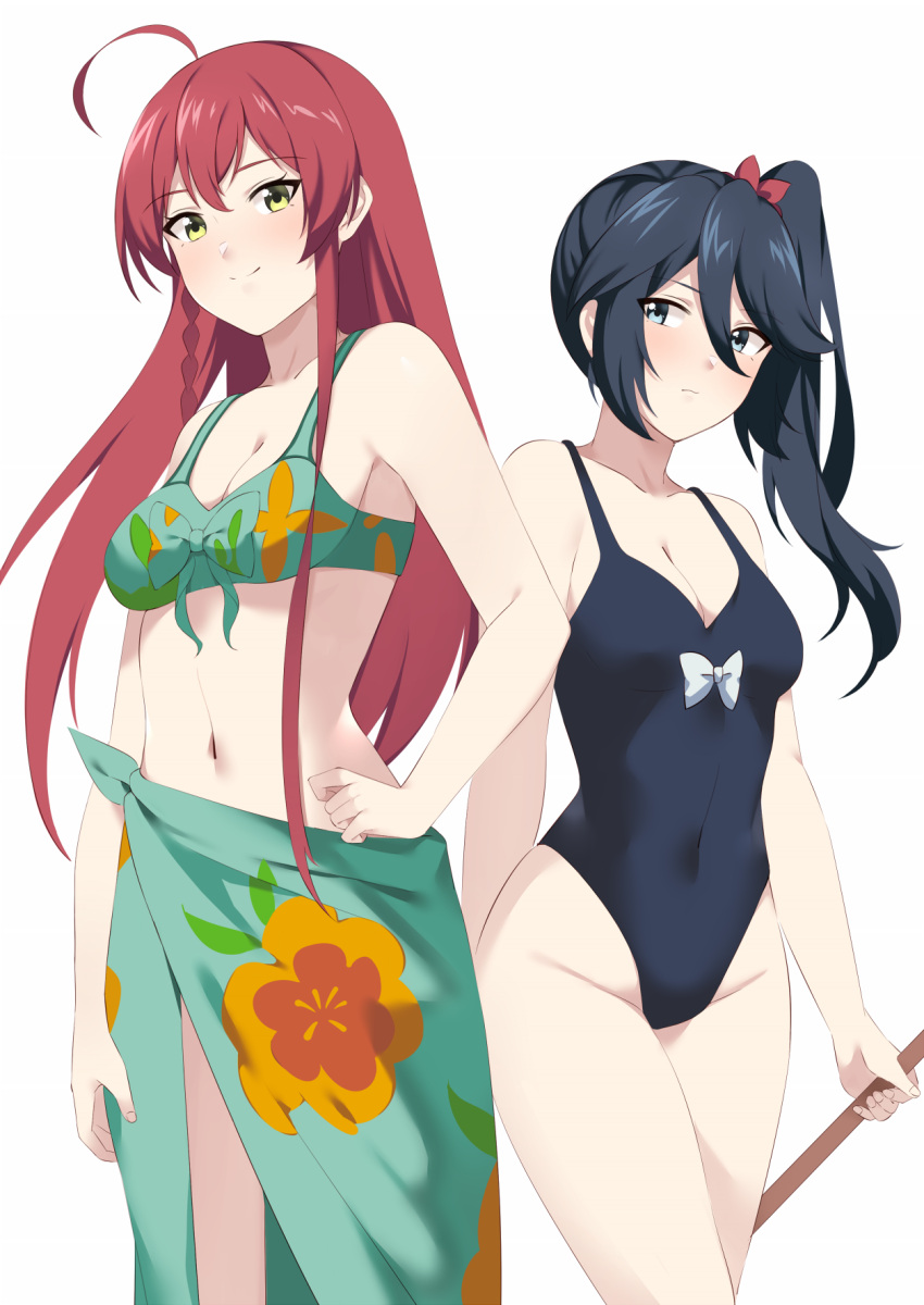 2girls ahoge bikini black_hair blue_one-piece_swimsuit bokken breasts casual_one-piece_swimsuit commentary covered_navel cowboy_shot green_bikini green_eyes grey_eyes hand_on_own_hip hands_on_own_hips hataraku_maou-sama! highres kamazuki_suzuno long_hair looking_at_viewer medium_breasts miya_star_saa multiple_girls one-piece_swimsuit red_hair sarong side_ponytail simple_background standing swimsuit sword weapon white_background wooden_sword yusa_emi