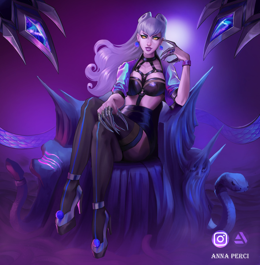 absurdres annapaulaperci artstation_logo artstation_username asymmetrical_bangs between_breasts black_choker black_skirt black_thighhighs blue_eyeshadow bracelet breasts chair choker claw_(weapon) claw_mark cropped_jacket crossed_legs crystal dark_background demon demon_horns drop_earrings earrings evelynn_(league_of_legends) eyeshadow female finger_to_cheek full_body grin hand_on_own_leg high_heels highres horns ice_cream_cone instagram_logo instagram_username jacket jewelry k/da_all_out_evelynn league_of_legends looking_at_viewer makeup medium_breasts o-ring on_chair open_clothes open_jacket parted_lips purple_background purple_jacket purple_lips revealing_clothes skirt slit_pupils smile snake solo strap_between_breasts thighhighs weapon white_hair yellow_eyes