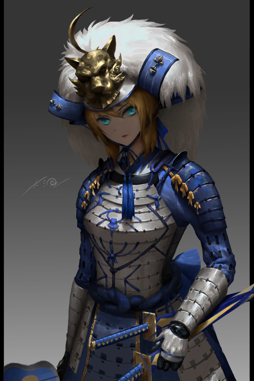 absurdres adapted_weapon alternate_costume arm_guards armor artoria_pendragon_(fate) avalon_(fate/stay_night) black_bow blonde_hair blue_eyes blue_ribbon bow closed_mouth commentary cowboy_shot dou expressionless fate/stay_night fate_(series) faulds female fur fur-trimmed_headwear fur_trim gauntlets grey_background gunbai hand_fan hand_on_sheath helmet highres japanese_armor kabuto_(helmet) katana kusazuri looking_at_viewer niuxiaochuan pauldrons pillarboxed ribbon saber_(fate) samurai sheath sheathed shoulder_armor simple_background sode solo sword war_fan weapon