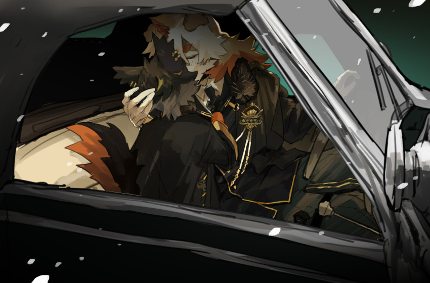 aak_(arknights) anthro arknights black_body black_clothing black_fur black_hair canid canine canis car closed_eyes clothing costume domestic_cat domestic_dog duo ear_piercing felid feline felis fur hair hi_res horn hung_(arknights) hypergryph inside_car kissing long_hair male male/male mammal mochidaxxx necktie orange_body orange_fur piercing romantic romantic_couple shirt studio_montagne tan_body tan_fur topwear vehicle white_body white_fur