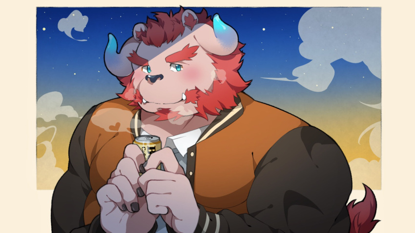 1boy alternate_costume bara blue_eyes blush breath can casual chernobog_(housamo) curled_horns demon_horns facial_hair forked_eyebrows furry furry_male glowing_horns goatee heart holding holding_can horns jacket long_sideburns looking_at_viewer male_focus muscular muscular_male open_clothes open_jacket orange_hair pectorals pink_fur shiro_choko shirt short_hair sideburns smile solo thick_eyebrows tokyo_afterschool_summoners tusks undershirt upper_body white_shirt