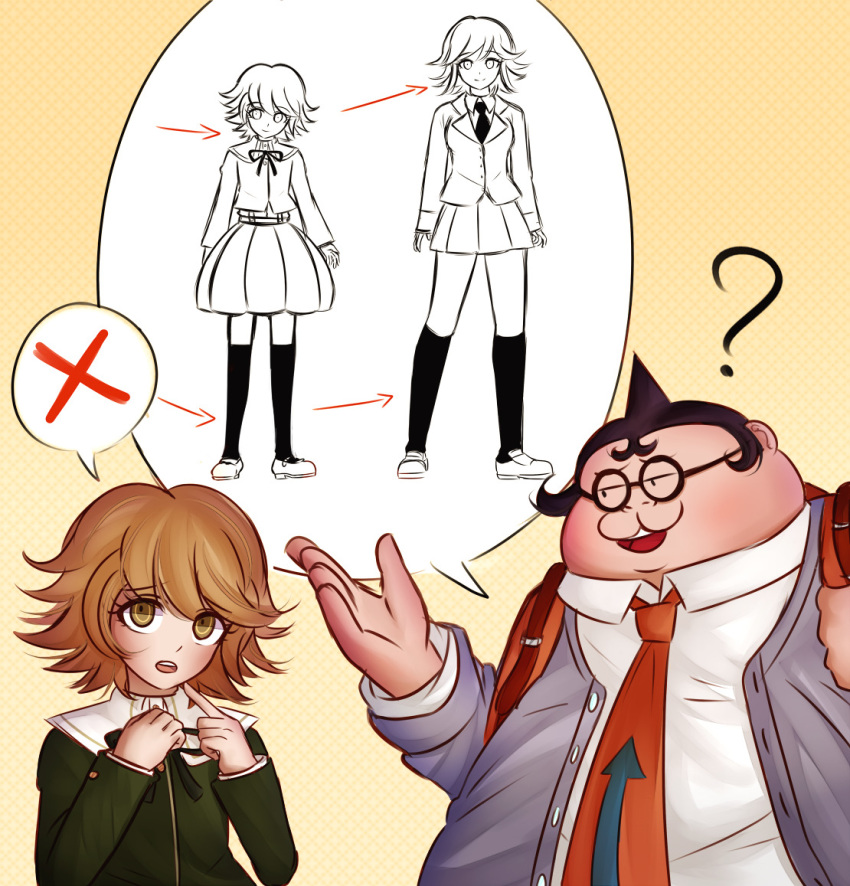 2boys ? arrow_(symbol) bangs brown_eyes brown_hair commentary danganronpa:_trigger_happy_havoc danganronpa_(series) english_commentary fat fat_man flipped_hair fujisaki_chihiro glasses gradient gradient_background green_shirt grey_jacket jacket kneehighs ktokei_(kurokku-tokei) long_sleeves looking_at_viewer multiple_boys multiple_views neck_ribbon necktie orange_neckwear pleated_skirt ribbon round_eyewear school_uniform shirt shoes short_hair skirt smile speech_bubble spoken_character spoken_x thighhighs white_shirt yamada_hifumi