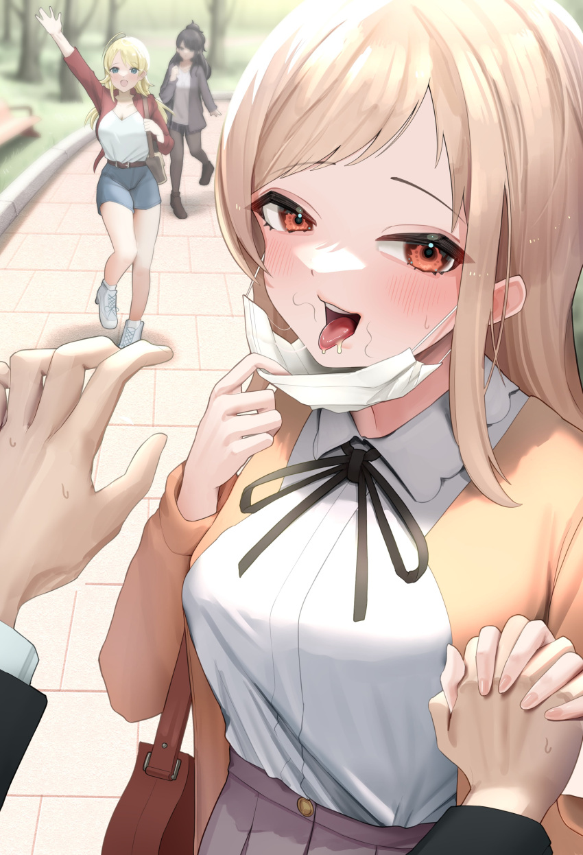 1boy 3girls absurdres bad_id bad_twitter_id blouse blush brown_eyes cum cum_in_mouth cum_on_mask hachimiya_meguru highres holding_hands idolmaster idolmaster_shiny_colors implied_after_fellatio implied_fellatio kazano_hiori light_brown_hair mask_pull multiple_girls outdoors pov producer_(idolmaster) sakuragi_mano shirt straight stray_pubic_hair ushikani_kassen