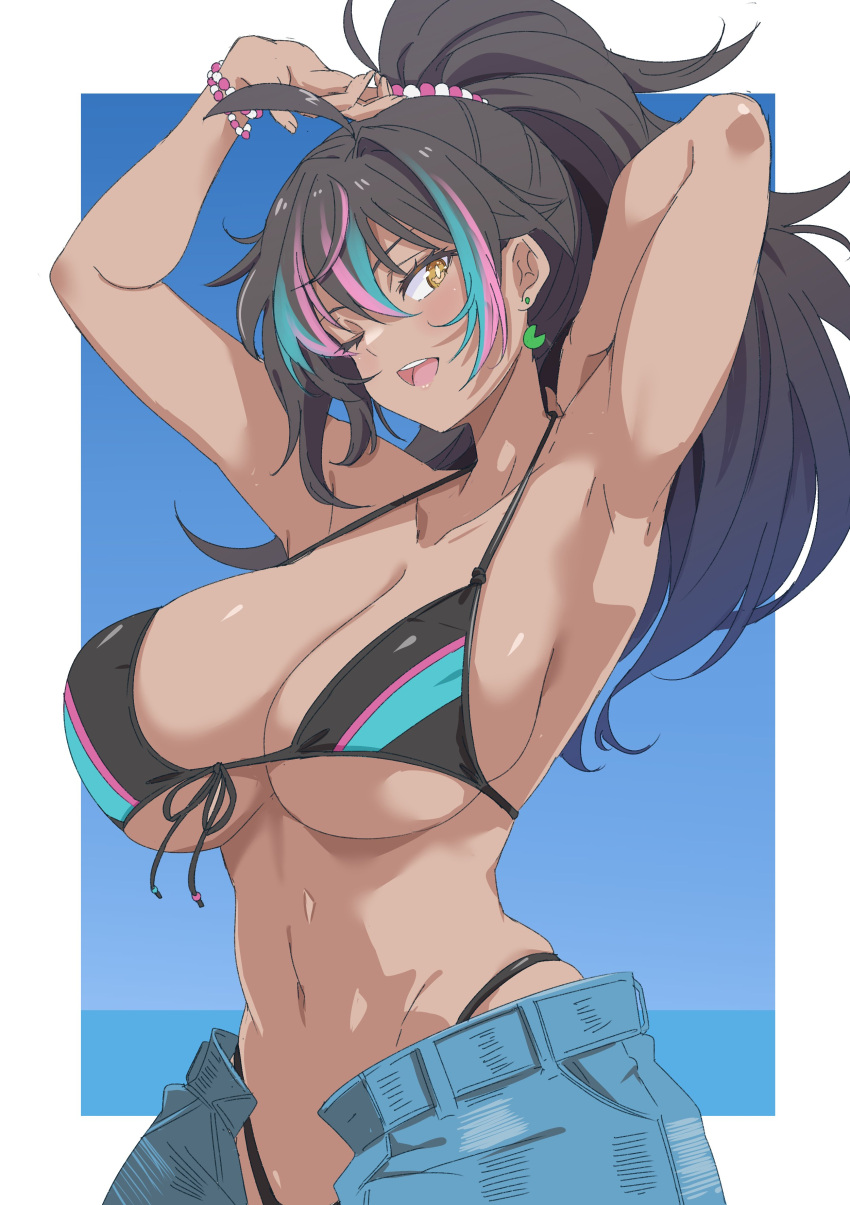 absurdres aqua_hair arm_behind_head armpits bikini black_bikini black_hair blue_shorts bracelet breasts brown_eyes collarbone dark-skinned_female dark_skin earrings female hair_between_eyes hair_ornament highleg highleg_bikini highres indie_virtual_youtuber jewelry kichihachi large_breasts multicolored_bikini multicolored_clothes navel neon_harper one_eye_closed open_fly open_mouth pink_hair ponytail second-party_source shorts solo swimsuit teeth upper_teeth_only virtual_youtuber