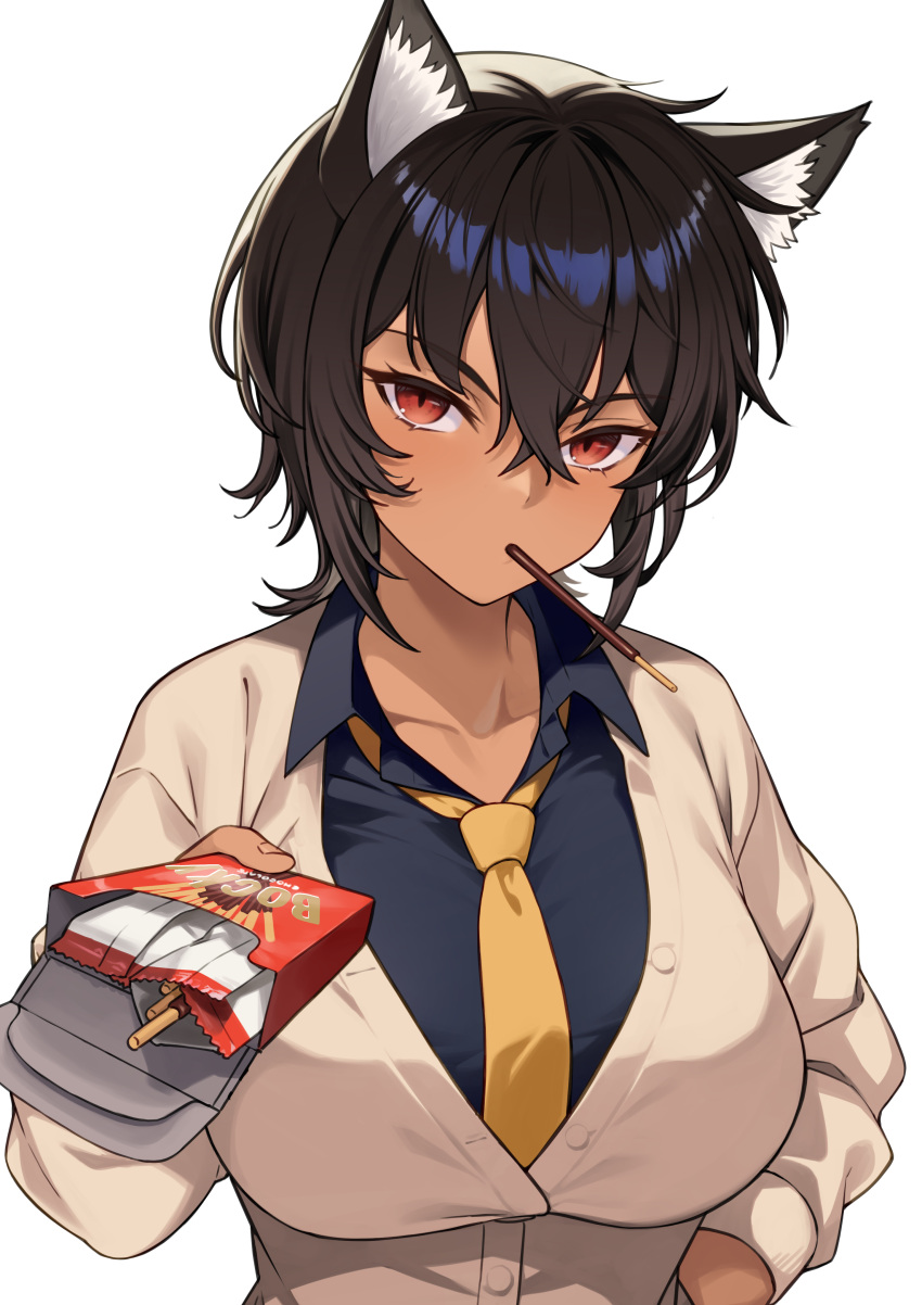 absurdres animal_ear_fluff animal_ears black_hair black_shirt brand_name_imitation breasts brown_eyes brown_hair buttons chocolate collarbone dress_shirt female fingernails food food_in_mouth giving hand_in_pocket highres hoshoku_club incoming_food large_breasts light_blush long_bangs looking_at_viewer multicolored_hair necktie oogami_itsuki_(takunomi) parody pocky pocky_in_mouth pov shadow shirt slit_pupils solo sweater takunomi tan two-tone_hair valentine white_background wolf_ears wolf_girl