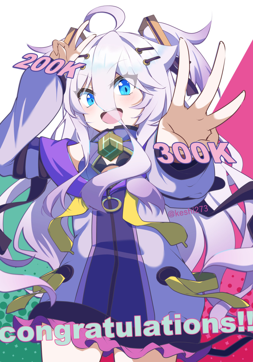 ahoge black_bra blue_eyes bra breasts cleavage_cutout clothing_cutout dress female gradient_hair grey_hair hair_between_eyes hair_ornament hair_ribbon hairpin henya_the_genius henya_the_genius_(1st_costume) highres jacket keshi273 long_bangs long_hair looking_at_viewer milestone_celebration multicolored_hair open_mouth purple_dress purple_hair purple_jacket purple_ribbon ribbon small_breasts smile solo two_side_up underwear virtual_youtuber vshojo