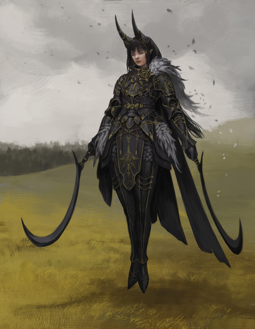 2019 animal_skin armor belt black_armor black_cape black_clothing black_hair black_weapon buckle cape closed_eyes clothed clothed_female clothed_humanoid clothing cloud cloudy_sky colored detailed_background digital_media_(artwork) digital_painting_(artwork) dual_wielding elbow_pads fantasy female female_humanoid forest full-length_portrait hair hi_res holding_melee_weapon holding_object holding_sickle holding_weapon horn horn_armor horned_humanoid humanoid humanoid_pointy_ears light_body light_skin melee_weapon nature nature_background niram_s outside overcast plant portrait shoulder_armor sickle sky solo straps tassels tree unknown_character vambrace weapon white_sky