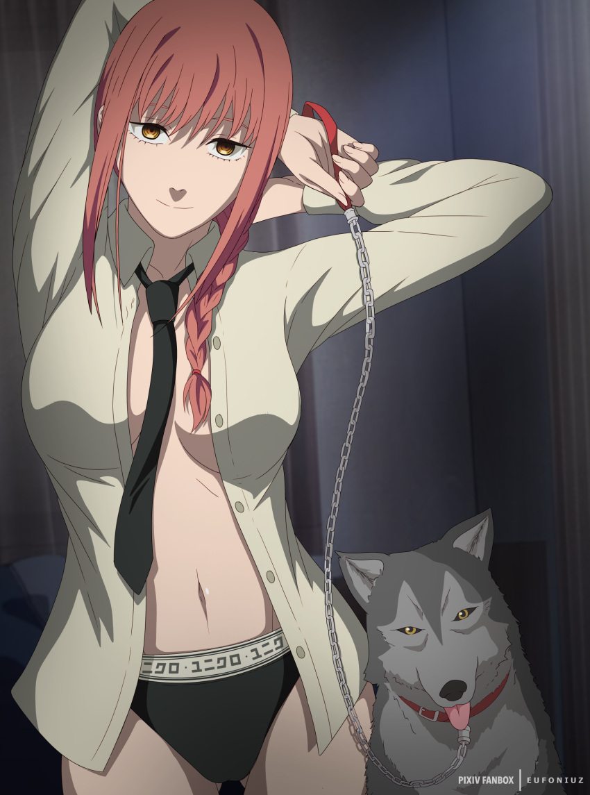 animal_collar arms_behind_head artist_name ass_visible_through_thighs black_necktie black_panties braid breasts brown_eyes canine chain_leash chains chainsaw_man collar commentary eufoniuz female hair_over_shoulder highres holding holding_leash large_breasts leash makima_(chainsaw_man) navel necktie no_bra official_style open_clothes open_shirt panties red_hair ringed_eyes single_braid solo underwear upper_body