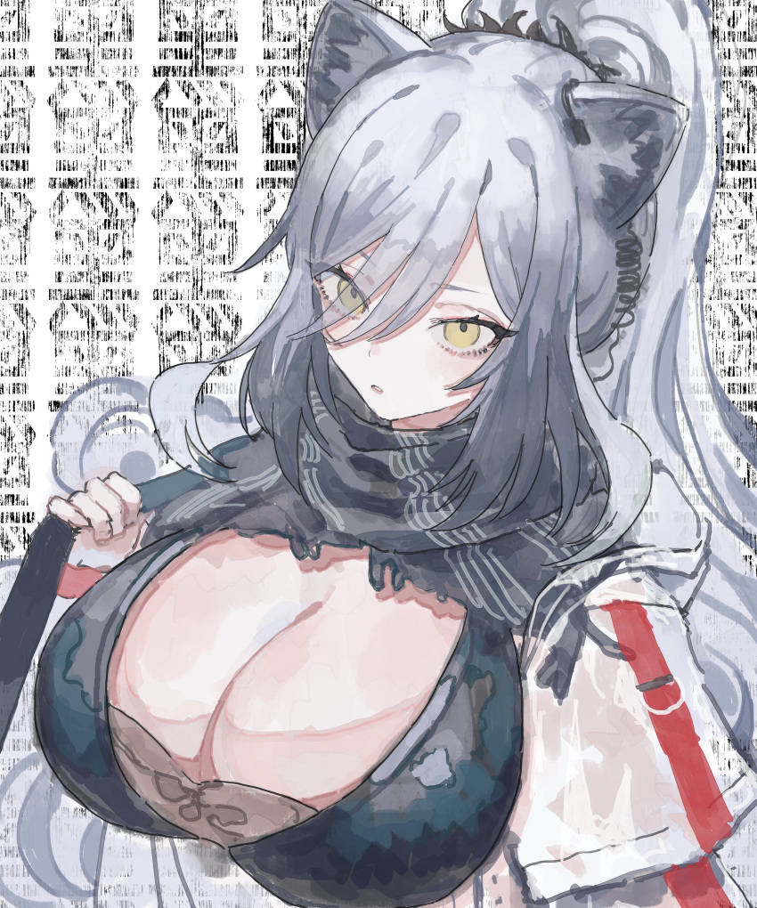 absurdres animal_ears arknights black_scarf breasts cat_ears cat_girl cleavage earpiece female grey_hair grey_scarf hair_between_eyes highres holding huge_breasts jacket long_hair looking_at_viewer parted_lips ponytail rocb scarf schwarz_(arknights) solo white_jacket yellow_eyes