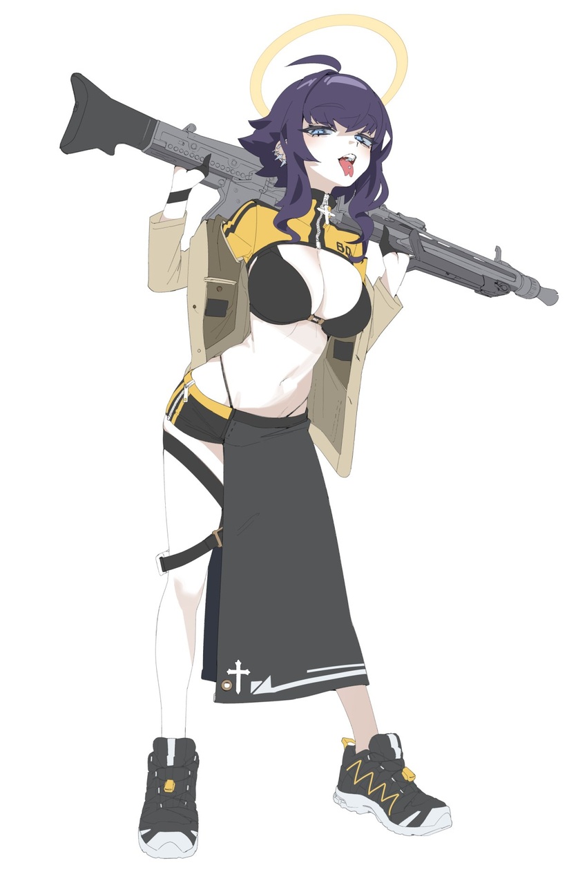 ahoge behalter black_footwear black_gloves blue_eyes breasts commentary cross female forked_tongue full_body gloves gun half-skirt half_gloves halo highres holding holding_gun holding_weapon jacket large_breasts long_hair looking_at_viewer machine_gun mg3 navel open_mouth original piercing purple_hair shoes simple_background slit_pupils sneakers solo strap teeth tongue tongue_out tongue_piercing upper_teeth_only weapon white_background zipper