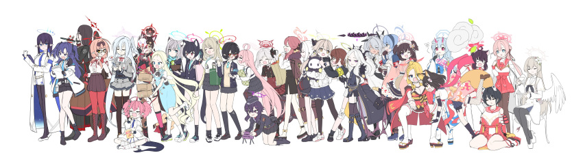 6+girls absurdres ahoge ako_(blue_archive) animal_ears apron armband aru_(blue_archive) ayane_(blue_archive) black_hair black_pantyhose black_socks blazer blonde_hair blue_archive breasts brown_hair bug butterfly calciumin cat_ears chair chinatsu_(blue_archive) chise_(blue_archive) cleavage closed_eyes coat coat_on_shoulders eating feathered_wings fishnet_thighhighs fishnets floral_print flower foreclosure_task_force_(blue_archive) fox_mask fur_trim glasses grey_hair hair_between_eyes hair_flower hair_ornament hairband halo haruka_(blue_archive) hasumi_(blue_archive) head_wings hifumi_(blue_archive) highres hina_(blue_archive) holding holding_mask horns hoshino_(blue_archive) iori_(blue_archive) izuna_(blue_archive) jacket japanese_clothes kaede_(blue_archive) kayoko_(blue_archive) kneehighs long_hair mai_(blue_archive) mask mimori_(blue_archive) miniskirt momoka_(blue_archive) multiple_girls mutsuki_(blue_archive) nagisa_(blue_archive) nonomi_(blue_archive) o_o open_mouth pantyhose pina_(blue_archive) pink_hair pleated_skirt pointy_ears prefect_team_(blue_archive) problem_solver_68_(blue_archive) red_pantyhose rin_(blue_archive) scarf school_uniform serika_(blue_archive) shiroko_(blue_archive) shirt shizuko_(blue_archive) short_hair side_ponytail simple_background single_head_wing single_thighhigh sitting skirt skullman_(blue_archive) socks sora_(blue_archive) standing stuffed_toy suzumi_(blue_archive) thighhighs tsubaki_(blue_archive) twintails two_side_up very_long_hair wakamo_(blue_archive) walking white_background wings wolf_ears yuuka_(blue_archive)