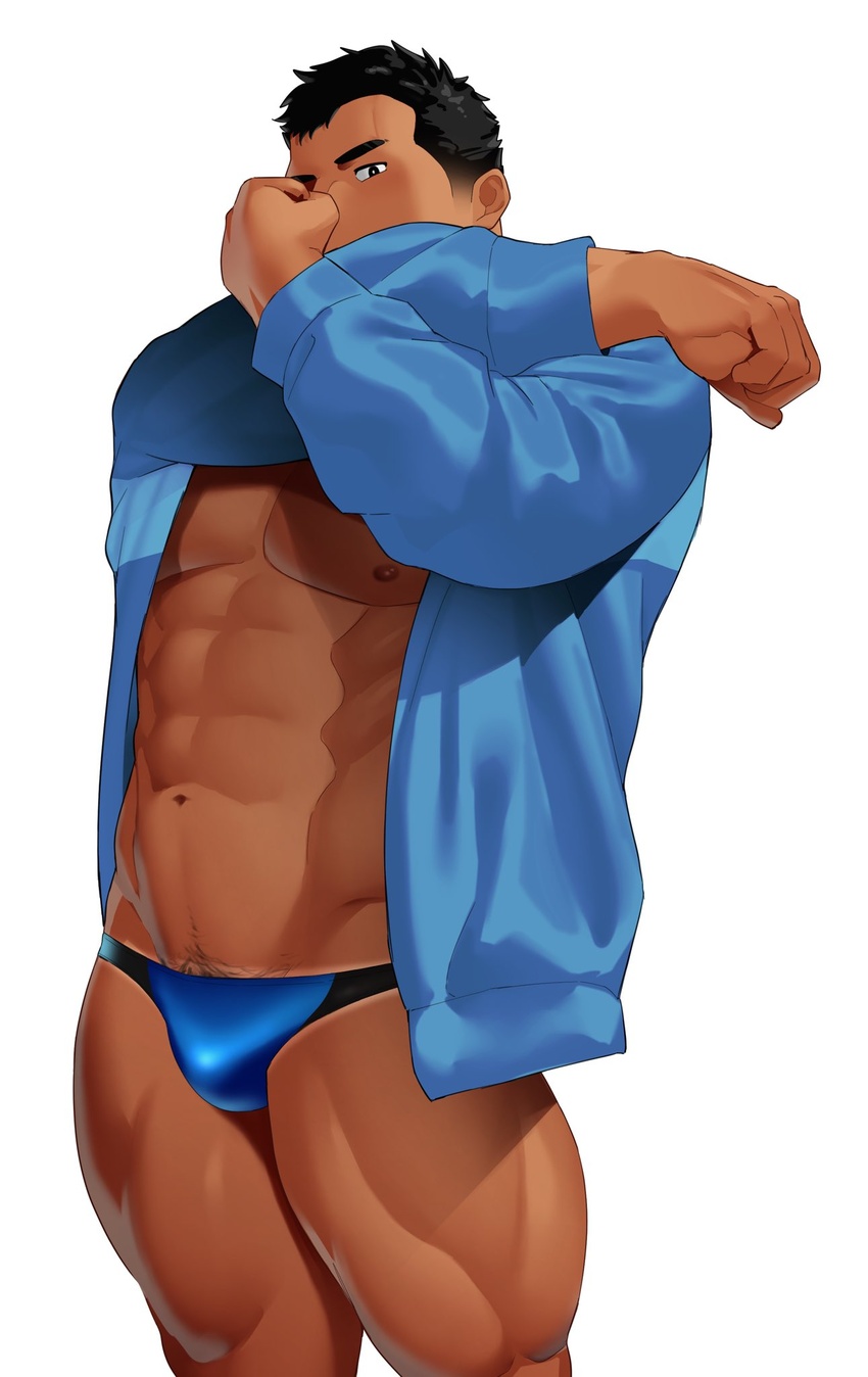 1boy abs bara bare_pectorals blue_male_underwear briefs bulge cowboy_shot dark-skinned_male dark_skin facial_hair highres jacket kansuke_(kansuke_717) looking_at_viewer male_focus male_underwear muscular muscular_male navel navel_hair nipples open_clothes open_jacket original pectorals sideburns sideburns_stubble solo standing stomach stretching stubble thick_eyebrows thick_thighs thighs thighs_together track_jacket underwear