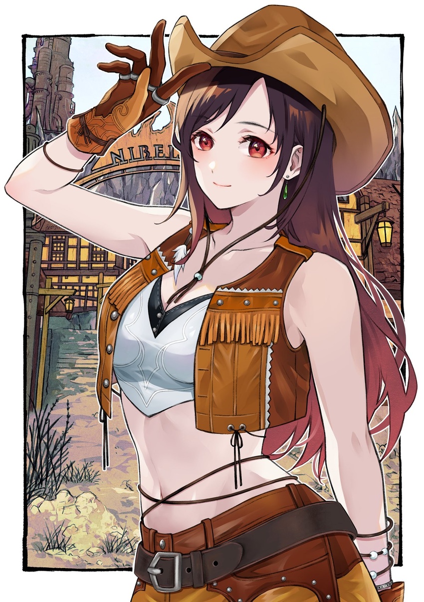 bare_shoulders belt belt_buckle black_hair border bracelet breasts brown_gloves brown_hair brown_hat brown_skirt brown_vest buckle building closed_mouth collarbone commentary_request cowboy_hat crisis_core_final_fantasy_vii crop_top day earrings feathers female final_fantasy final_fantasy_vii final_fantasy_vii_rebirth final_fantasy_vii_remake gloves hand_up hat highres jewelry light_blush long_hair looking_at_viewer medium_breasts midriff navel nibelheim official_alternate_costume outdoors outside_border quichi_91 red_eyes single_earring skirt sky smile solo swept_bangs tifa_lockhart tifa_lockhart_(cowgirl) upper_body vest white_border