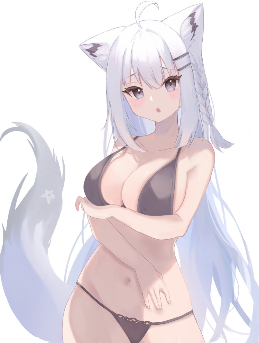 ahoge animal_ear_fluff animal_ears ao_kotoha arm_under_breasts bare_arms bare_shoulders bikini black_bikini black_tail braid breasts chestnut_mouth cleavage collarbone cowboy_shot embarrassed eyelashes female fox_ears fox_girl fox_tail furrowed_brow grey_eyes hair_between_eyes hair_ornament hairclip hand_on_own_stomach highres hololive large_breasts light_blush long_hair looking_at_viewer navel open_mouth pentagram shirakami_fubuki side_braid sidelocks simple_background single_braid solo strap_gap string_bikini swimsuit tail tail_raised thick_eyelashes very_long_hair virtual_youtuber white_background white_hair white_tail