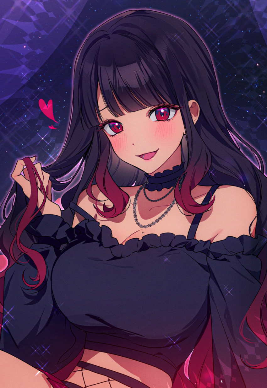 black_choker black_hair blunt_bangs blush breasts chain_necklace chains choker cleavage dot_nose dress female frilled_choker frills gradient_hair hand_in_own_hair heart highres jewelry large_breasts long_hair looking_at_viewer midriff mole mole_on_breast mole_under_eye multicolored_hair necklace nijisanji nijisanji_en off-shoulder_dress off_shoulder open_mouth pleated_skirt red_eyes red_hair scarle_yonaguni scarle_yonaguni_(4th_costume) skirt smile solo sparkle very_long_hair virtual_youtuber zzangto