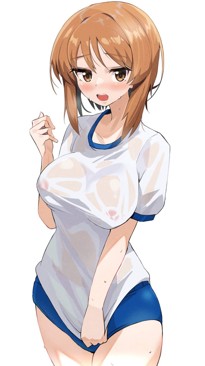 absurdres blaze_(blazeillust) blue_buruma blush buruma commentary covered_nipples cowboy_shot embarrassed female frown girls_und_panzer gym_shirt gym_uniform highres looking_at_viewer nishizumi_shiho no_bra open_mouth shirt shirt_tug short_hair short_sleeves simple_background solo standing sweat t-shirt wet wet_clothes wet_shirt white_background white_shirt