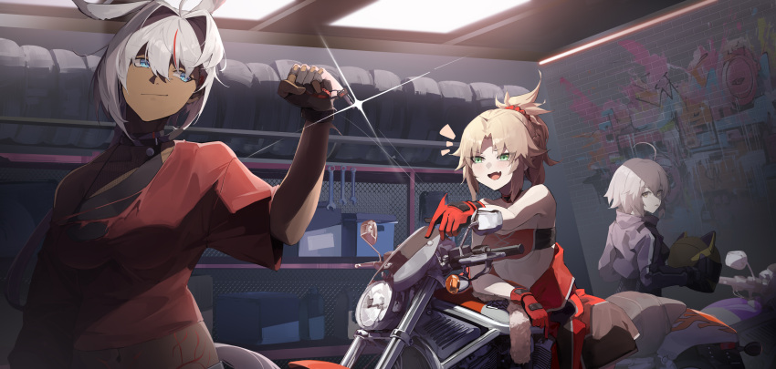 3girls absurdres animal_ears bandeau bare_shoulders black_jacket blonde_hair blue_eyes body_markings braid breasts caenis_(fate) dark-skinned_female dark_skin detached_collar fate/apocrypha fate/grand_order fate_(series) feibai gloves green_eyes grey_hair helmet highres jacket jeanne_d'arc_alter_(avenger)_(fate) jeanne_d'arc_alter_(fate) large_breasts long_hair mordred_(fate) mordred_(fate/apocrypha) motor_vehicle motorcycle motorcycle_helmet multiple_girls open_mouth parted_bangs ponytail red_gloves red_shirt shirt short_hair short_sleeves sidelocks small_breasts smile very_long_hair white_hair yellow_eyes