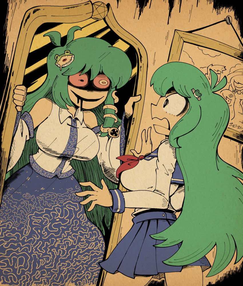 2girls alternate_costume blue_sailor_collar blue_skirt breasts colored_sclera commentary detached_sleeves different_reflection dual_persona english_commentary evil_smile eye_contact eye_hair_ornament frog_hair_ornament green_hair hair_ornament highres horror_(theme) kevin_arthur kochiya_sanae large_breasts long_hair long_sleeves looking_at_another mirror mismatched_pupils mountain_of_faith multiple_girls neckerchief open_mouth picture_frame pleated_skirt red_neckerchief red_sclera reflection sailor_collar school_uniform serafuku shirt skirt smile snake_hair_ornament touhou very_long_hair white_shirt