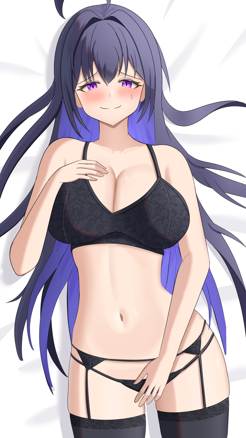 absurdres bad_source bed blush breasts embarrassed female garter_straps highres large_breasts lingerie long_hair looking_at_viewer lying on_back on_bed simple_background smile solo tinasha_(unnamed_memory) underwear unnamed_memory yissou_art