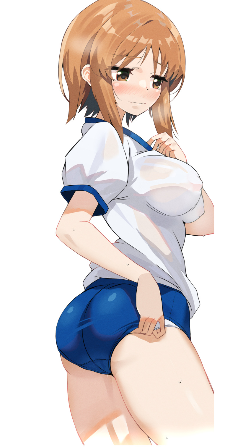 absurdres adjusting_clothes adjusting_panties ass averting_eyes blaze_(blazeillust) blue_buruma blush breasts brown_eyes brown_hair buruma closed_mouth commentary cowboy_shot crotch_seam embarrassed female from_side frown girls_und_panzer gym_shirt gym_uniform half-closed_eyes highres large_breasts nishizumi_miho no_bra panties shirt short_hair short_sleeves simple_background solo standing sweat t-shirt underwear wet wet_clothes wet_shirt white_background white_shirt