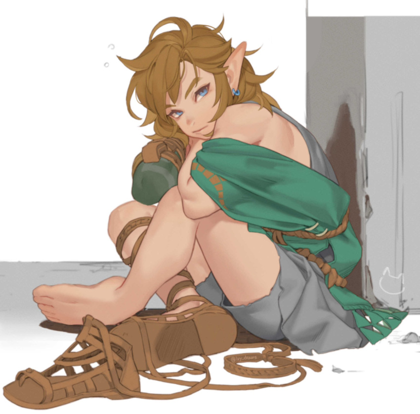 1boy blue_eyes brown_hair earrings from_side grey_shorts highres ivy_(sena0119) jewelry link long_hair male_focus pointy_ears rope sandals shorts single_bare_foot single_bare_shoulder sitting the_legend_of_zelda the_legend_of_zelda:_tears_of_the_kingdom tunic white_background