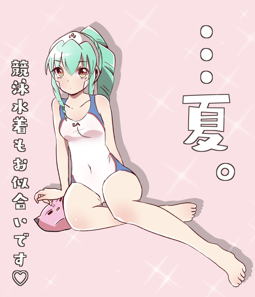 breasts collarbone covered_navel drill_hair drill_sidelocks female full_body galaxy_angel green_hair hair_ornament highres long_hair looking_at_viewer medium_breasts medium_hair new_yorker_(togawa_hamasaki) normad on_floor one-piece_swimsuit ponytail red_eyes sidelocks solo swimsuit translation_request vanilla_h