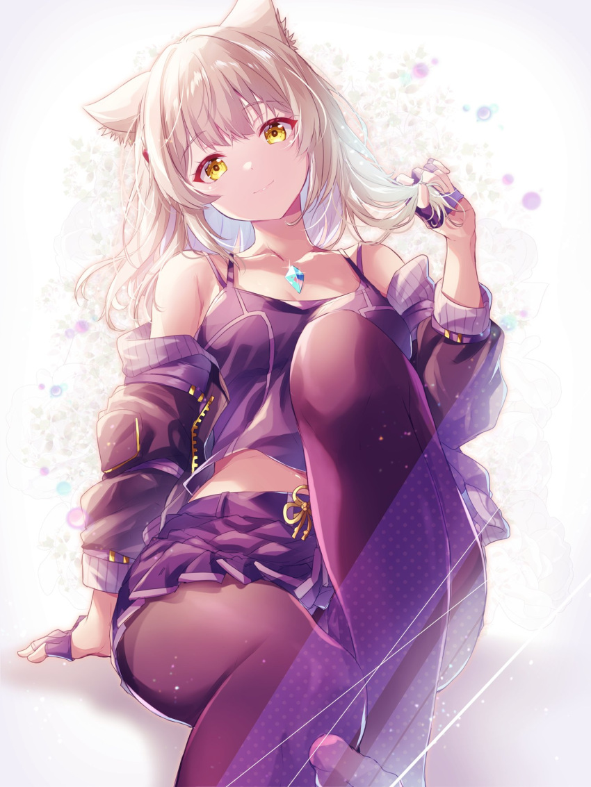 animal_ears black_gloves black_jacket black_pantyhose black_skirt black_tank_top cat_ears core_crystal_(xenoblade) cropped_jacket female gloves grey_hair half_gloves hand_in_own_hair head_tilt highres invisible_chair jacket knee_up light_smile midriff_peek mio_(xenoblade) off_shoulder official_alternate_color official_alternate_hair_color official_alternate_hairstyle pantyhose pleated_skirt sitting skirt solo spoilers tank_top ui_frara xenoblade_chronicles_(series) xenoblade_chronicles_3 yellow_eyes