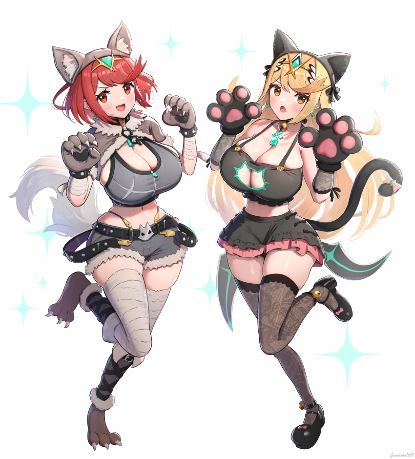 2girls absurdres animal_ears bell belt black_belt black_skirt black_thighhighs blonde_hair bob_cut breasts cat_ears cat_lingerie cat_tail chest_jewel cleavage cleavage_cutout clothing_cutout commentary_request crop_top earrings fake_animal_ears fake_tail floating_earring full_body gonzarez halloween halloween_costume highres jewelry jingle_bell large_breasts long_hair looking_at_viewer medium_hair meme_attire multiple_girls mythra_(xenoblade) navel neck_bell oerba_yun_fang open_mouth paw_pose pyra_(xenoblade) red_eyes short_shorts shorts sidelocks simple_background skin_fang skirt smile standing standing_on_one_leg tail thighhighs white_background wolf_ears wolf_tail xenoblade_chronicles_(series) xenoblade_chronicles_2 yellow_eyes