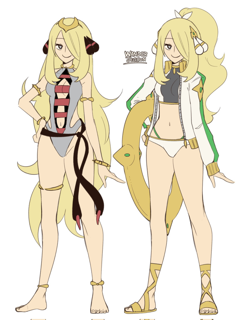 bikini blonde_hair blush breasts closed_mouth cosplay cynthia_(pokemon) female grey_eyes hair_ornament hair_over_one_eye highres jacket long_hair long_sleeves looking_at_viewer navel pokemon pokemon_dppt pokemon_masters_ex ponytail smile solo swimsuit very_long_hair wanderjegson