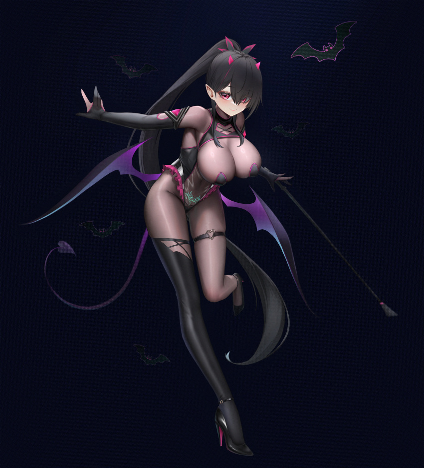 absurdres bat_(animal) black_background black_hair bodystocking breasts demon_girl demon_horns demon_tail demon_wings elbow_gloves female full_body gloves high_heels highres holding holding_riding_crop horns huge_breasts long_hair looking_at_viewer low_wings original partially_fingerless_gloves pointy_ears ponytail pubic_tattoo red_eyes riding_crop single_thighhigh sky_wbo smile solo tail tattoo thigh_strap thighhighs very_long_hair wings