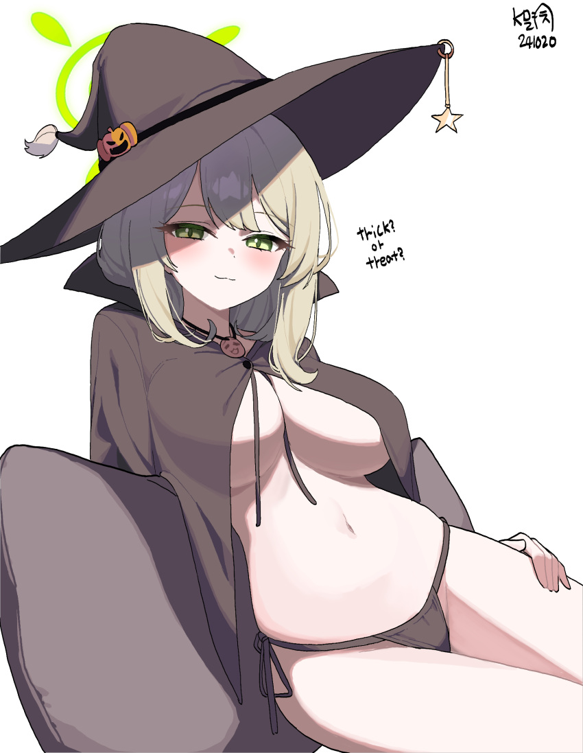 :3 =_= black_cloak black_hat black_panties blonde_hair blue_archive blush breasts cleavage cloak curvy cushion dot_nose female green_eyes green_halo half-closed_eyes halloween halloween_costume halo hand_on_own_thigh hat hat_ornament highres jack-o'-lantern jack-o'-lantern_hat_ornament jack-o'-lantern_ornament jewelry large_breasts leaning_to_the_side long_hair looking_at_viewer myeolchi navel necklace no_bra nonomi_(blue_archive) panties pillow pumpkin shade side-tie_panties smile solo star_(symbol) star_hat_ornament thighs trick_or_treat underboob underwear white_background witch witch_hat