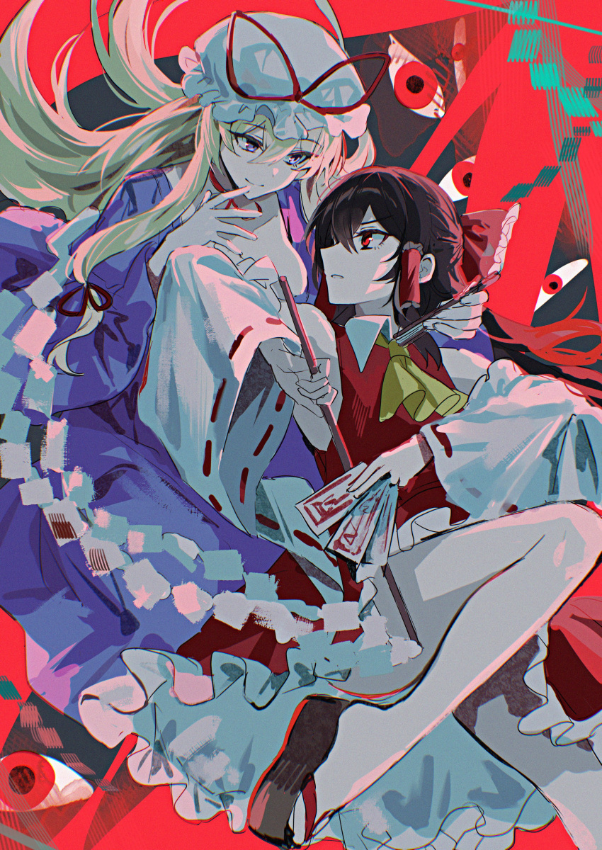 2girls absurdres ascot black_hair blonde_hair choker closed_mouth commentary_request detached_sleeves dress folded_fan folding_fan foot_out_of_frame frilled_hair_tubes frilled_skirt frills gap_(touhou) gohei hair_between_eyes hair_tubes hakurei_reimu hand_fan hand_up hat highres hitomin_(ksws7544) holding holding_fan holding_gohei holding_ofuda knee_up long_hair looking_at_another mob_cap multiple_girls ofuda okobo parted_lips purple_dress purple_eyes red_eyes red_ribbon red_skirt red_vest ribbon ribbon_choker sandals shide skirt smile touhou vest white_hat white_sleeves wide_sleeves yakumo_yukari yellow_ascot