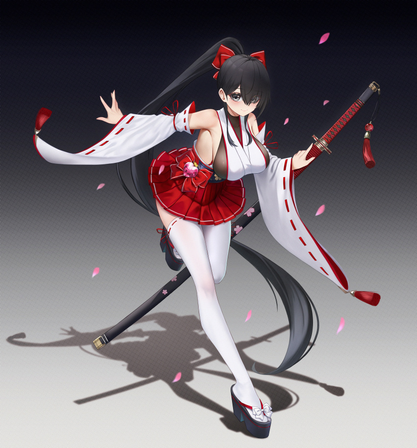 absurdres bare_shoulders black_hair bow breasts detached_sleeves female full_body grey_eyes hairbow highres holding holding_sword holding_weapon huge_breasts japanese_clothes long_hair looking_at_viewer miko okobo original platform_footwear ponytail red_skirt sandals shadow sheath sheathed skirt sky_wbo smile solo sword tabi tassel thighhighs very_long_hair weapon