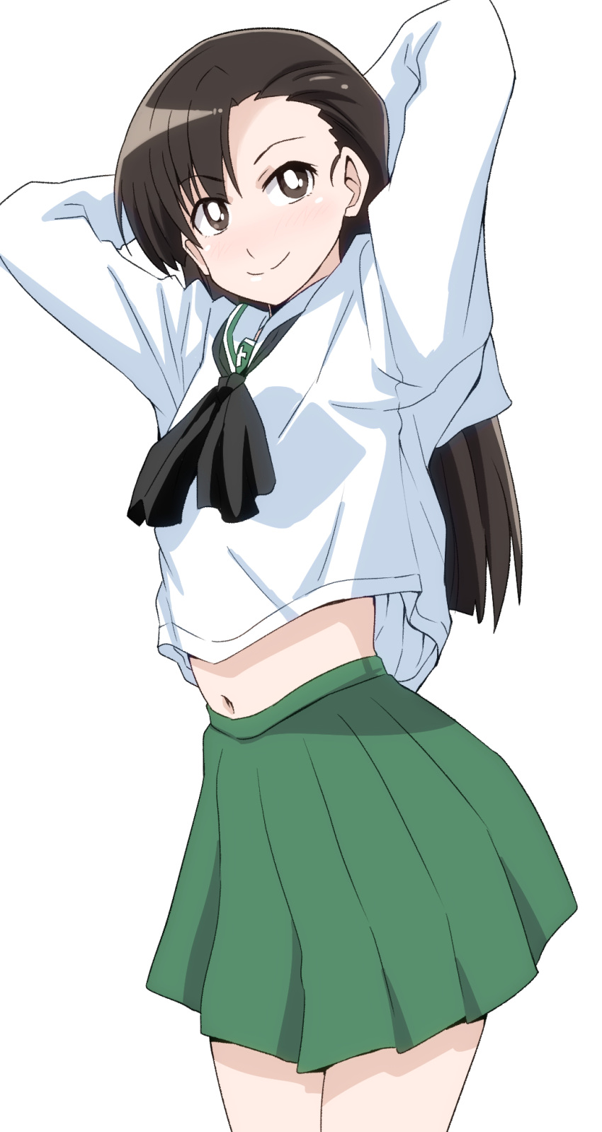 arms_behind_head asymmetrical_bangs black_eyes black_hair black_neckerchief blouse bright_pupils closed_mouth commentary cowboy_shot female girls_und_panzer green_skirt highres long_hair long_sleeves looking_at_viewer midriff_peek miniskirt navel neckerchief nishi_kinuyo ooarai_school_uniform pleated_skirt ponzu_rui sailor_collar school_uniform serafuku shirt simple_background skirt smile solo standing straight_hair white_background white_pupils white_sailor_collar white_shirt