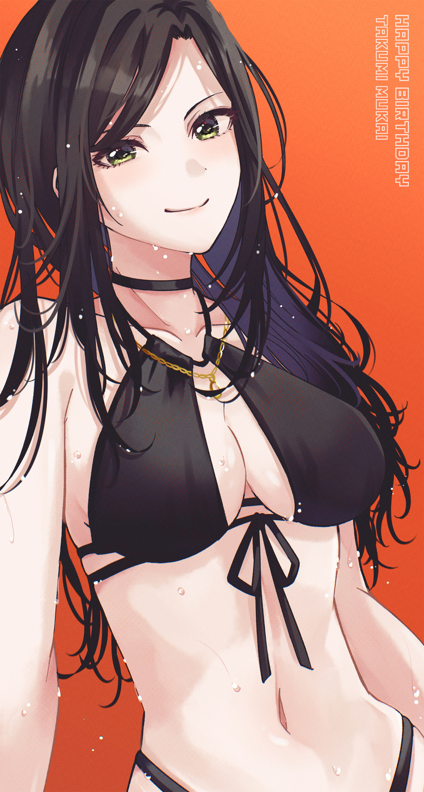 absurdres bikini black_bikini black_choker black_hair breasts character_name choker collarbone commentary_request female front-tie_bikini_top front-tie_top green_eyes happy_birthday highleg highleg_bikini highres idolmaster idolmaster_cinderella_girls kumatsuki_(no-kirin) large_breasts linea_alba long_hair looking_at_viewer mukai_takumi navel orange_background smile solo stomach swimsuit very_long_hair