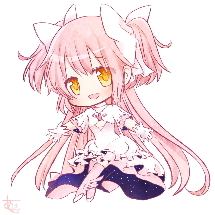 absurdly_long_hair aroze bow breasts chest_jewel chibi choker cleavage cleavage_cutout clothing_cutout commentary_request dress female frilled_dress frilled_sleeves frills gloves hairbow kaname_madoka light_blush long_dress long_hair looking_at_viewer mahou_shoujo_madoka_magica mahou_shoujo_madoka_magica_(anime) open_clothes open_dress open_mouth outstretched_arms pink_gemstone pink_hair pink_thighhighs pleated_sleeves shoes short_sleeves signature simple_background smile solo space_print starry_sky_print thighhighs two-sided_dress two-sided_fabric two_side_up ultimate_madoka very_long_hair white_background white_bow white_choker white_dress white_footwear white_gloves winged_legs yellow_eyes