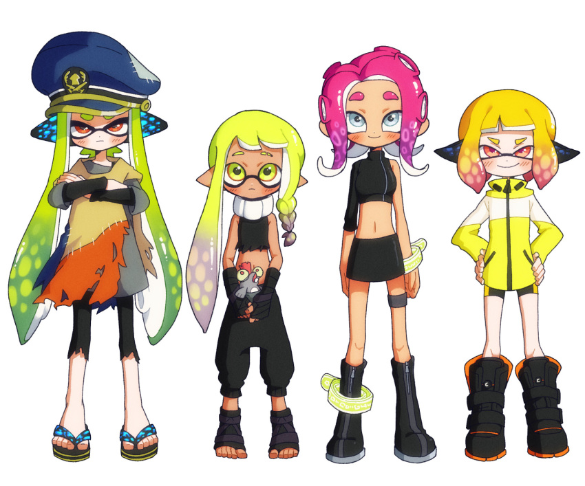 1other 4girls agent_3_(splatoon) agent_3_(splatoon_3) agent_4_(splatoon) agent_8_(splatoon) arms_at_sides asymmetrical_hair blonde_hair boots braid crop_top dark-skinned_female dark_skin fingerless_gloves gloves green_hair hands_on_own_hips hat highres inkling_girl inkling_player_character jacket kitnoko miniskirt multicolored_hair multiple_girls octoling_girl octoling_player_character pants peaked_cap pink_hair pointy_ears poncho sandals shirt simple_background single_braid single_sleeve skirt sleeveless smallfry_(splatoon) splatoon_(series) splatoon_1 splatoon_2 splatoon_2:_octo_expansion splatoon_3 standing suction_cups tentacle_hair toeless_footwear toes torn_clothes torn_pants torn_shirt yellow_jacket